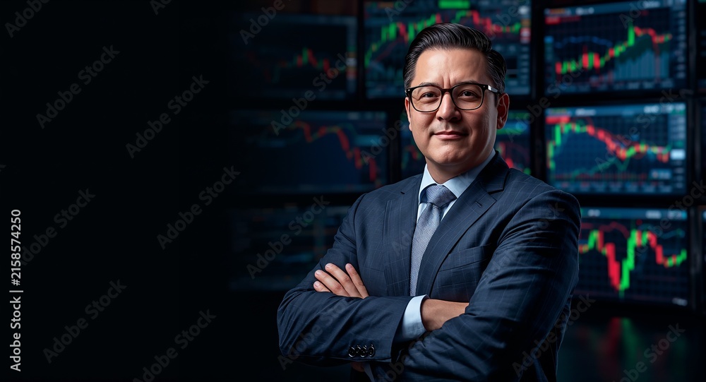 Fototapeta premium Confident businessman standing in front of stock market screens generated using AI representing financial expertise and trading. - Confident businessman standing in front of stock concept visual.