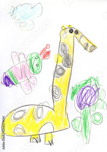 Photography Cute colorful giraffe with flying bee and flower, hand-drawn crayon child art st
