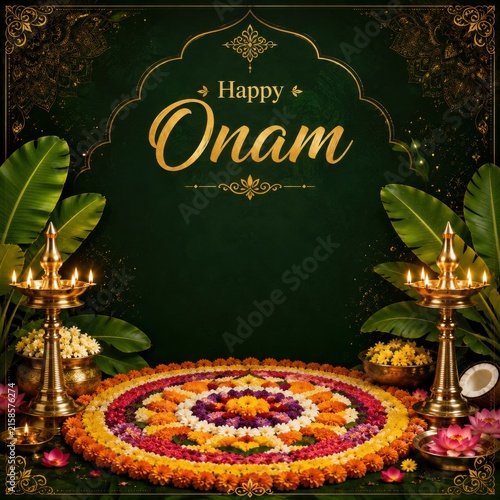 Happy Onam Wishes: Elegant Pookalam, Traditional Lamps, and Golden Ornate Green Background