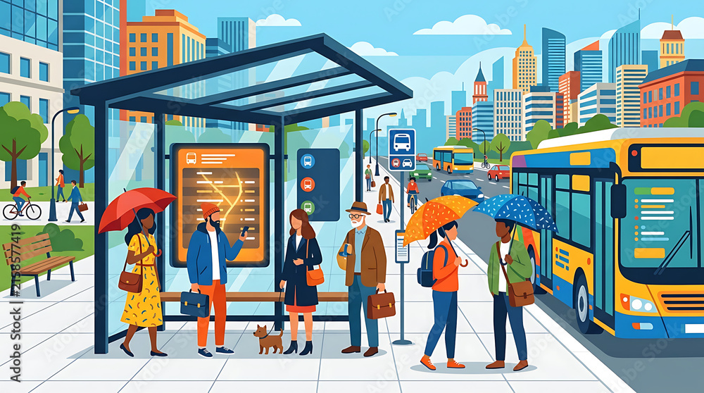 Fototapeta premium Diverse commuters with umbrellas wait at a city bus stop shelter on a rainy day, with urban buildings in the background