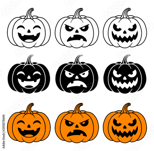 Halloween Jack o Lantern Pumpkin Vector Set, Scary and Happy Face Silhouette and Outline