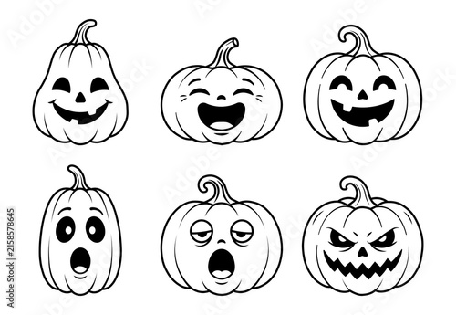 Halloween Pumpkin Jack o Lantern Emotion Face Outline Vector Set, Kids Coloring Page