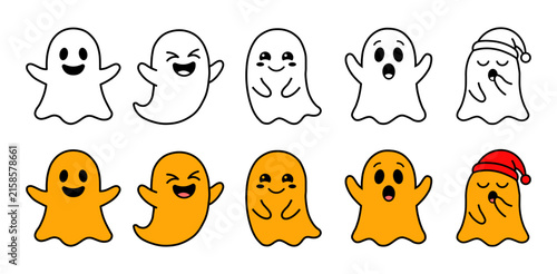 Cute Kawaii Halloween Ghost Character Vector Set, Orange Color and Line Art Outline