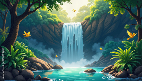cascading waterfall surrounded by lush greenery and tropical birds creating a serene atmosphere for nature enthusiasts and relaxation with copy space