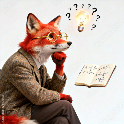 Fox Professor Thinking Lightbulb Idea Isolated White - Generative AI