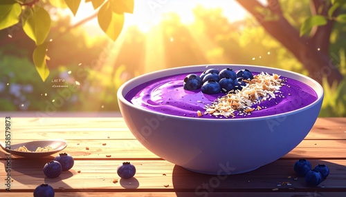 Vibrant purple smoothie bowl with blueberries and granola.