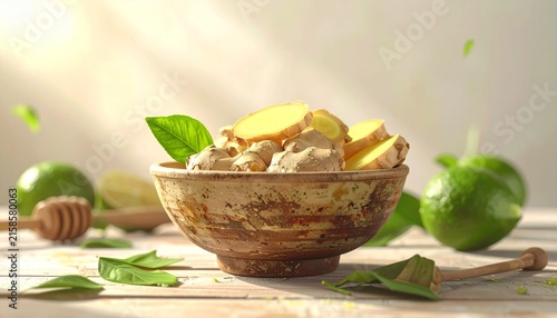 Fresh ginger and lime in wooden bowl on rustic table.