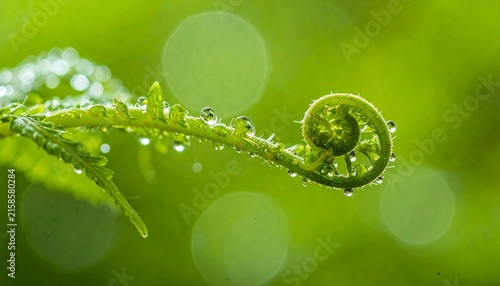 Close up of a green fern frond with water droplets.