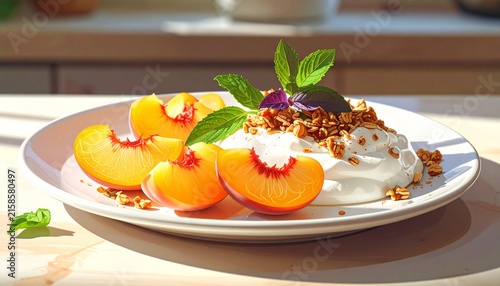 Fresh Peach Slices with Cream and Nuts on White Plate.
