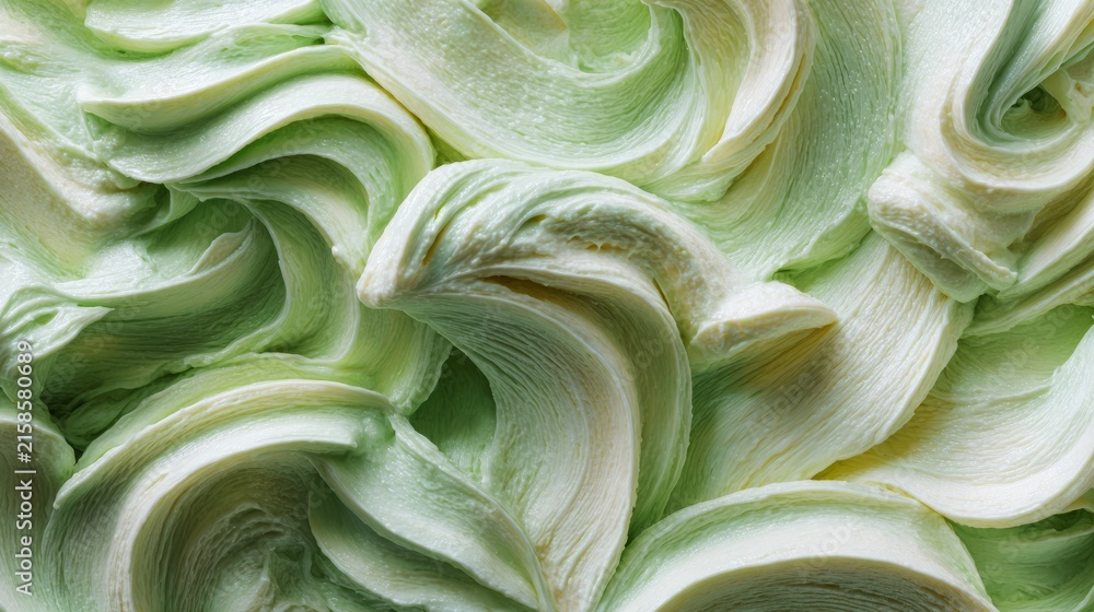 Obraz premium Pistachio ice cream gelato texture background with creamy green frozen dessert, smooth swirled surface, rich pistachio flavor, soft creamy texture)