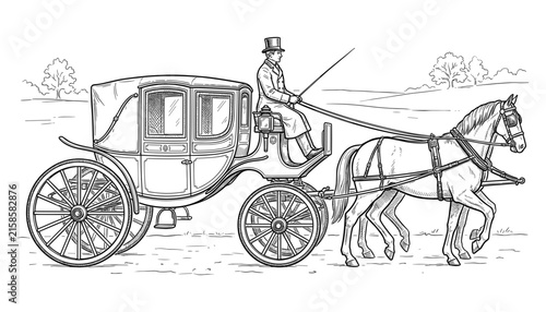 Картината върху платно Antique traditional horse drawn carriage driven by coachman engraving style vect