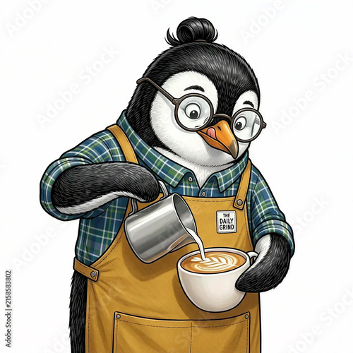 Penguin Hipster Barista Coffee Latte Art Isolated White - Generative AI
