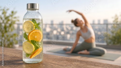 Refreshing Infused Water Bottle with Citrus Slices and Healthy Yoga Practice on Terrace
