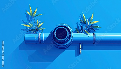 Blue pipe with green plants growing from joints.