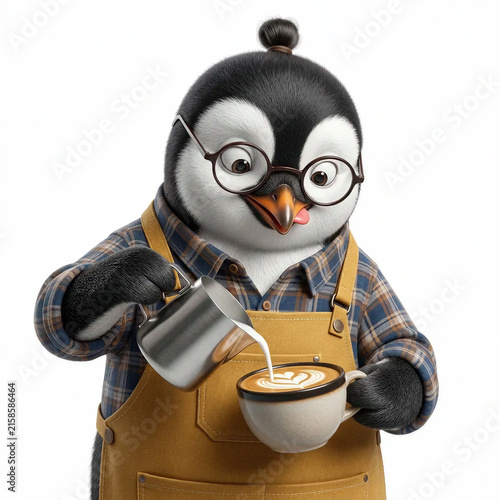 Penguin Hipster Barista Coffee Latte Art Isolated White - Generative AI