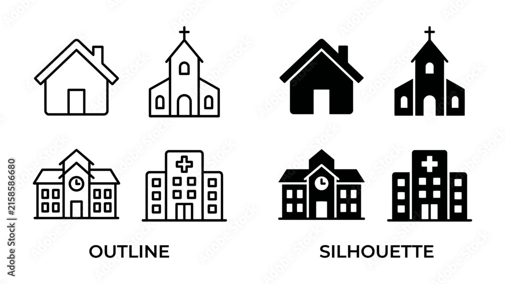 Fototapeta premium Set of Building Icons: A collection of simple vector icons representing different types of buildings, including a house, church, school, and hospital.