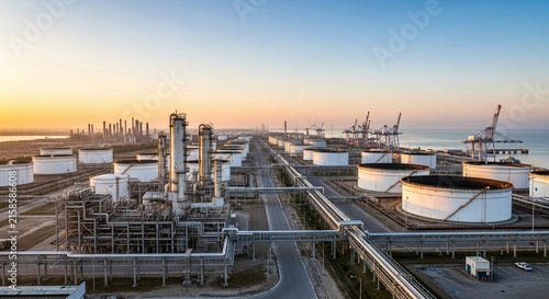 Expansive Industrial Oil Refinery Complex at Dawn with Storage Tanks and Pipelines