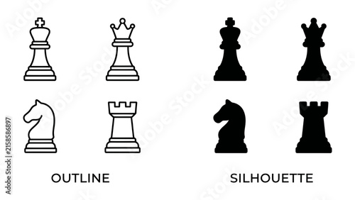 Фотография Chess Piece Icons: A set of graphic icons featuring outline and silhouette versions of chess pieces, including king, queen, knight, and rook, representing strategy and game