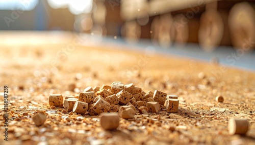 Wooden Sawdust Pile on Workshop Floor with Blurred Background.