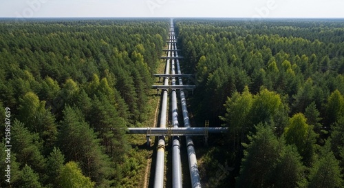 Expansive oil and gas pipeline system stretching through a dense green forest landscape, showcasing industrial infrastructure and energy transport.
