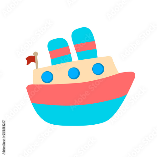 Foto Cute Cartoon Steamboat with Two Smokestacks and Portholes isolated on white