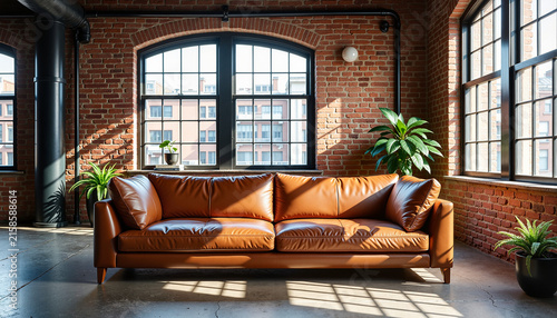 modern brown leather sofa in a spacious industrial-style loft with large windows and greenery, perfect for interior design projects, home decor inspiration, and lifestyle content