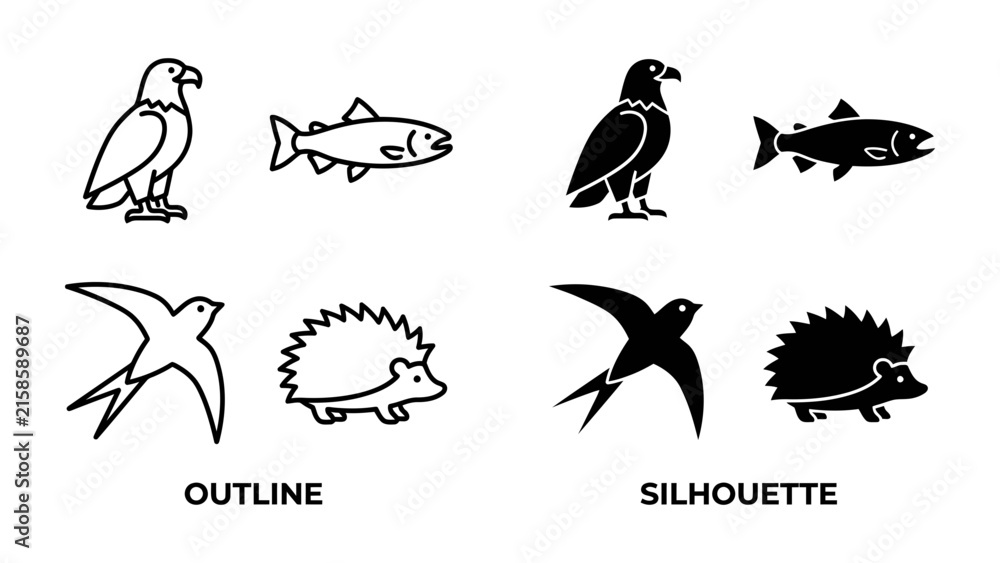 Fototapeta premium Icon Set: Outline and Silhouette Representations of Animals