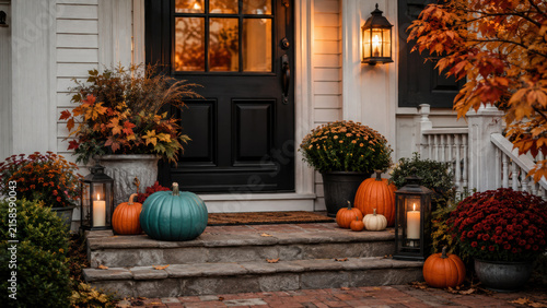 Teal pumpkin, halloween, food allergy safety. A decorated front doorstep featuring a teal pumpkin prominently among warm autumn decor