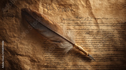 Elegant feather quill pen resting upon antique handwritten parchment