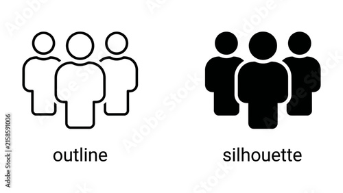 Принти на полотні Group of People Icons: A set of human figure icons presented in both outline and silhouette styles, representing a collective or a team