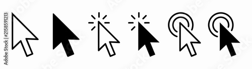 Set of black computer mouse cursor arrow icons featuring solid, outline, and clicking effects vector illustration for UI design