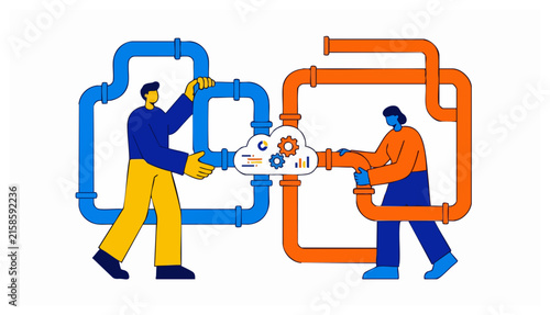 Corporate Memphis style illustration of two figures connecting blue and orange pipes to a central cloud icon