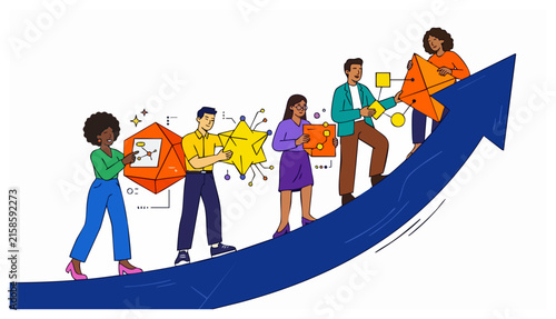 Diverse professionals walking up a giant blue arrow carrying geometric data shapes