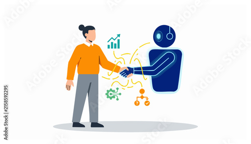 Flat vector illustration of a professional woman shaking hands with a blue robot surrounded by business data icons