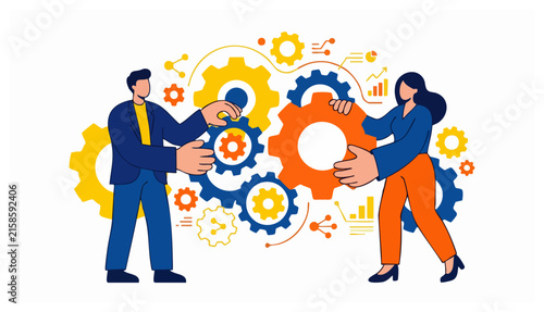 Minimalist vector illustration of a man and woman collaborating to arrange large colorful gears and cogs