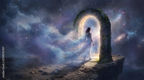 Fantasy woman walking through ancient stone portal into nebula space background.