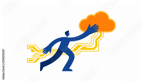 Flat vector illustration of a blue stylized person reaching for an orange cloud icon with yellow circuit lines