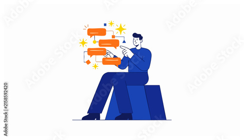 Vector illustration of a man sitting on a block and pointing at a flowchart of connected orange speech bubbles