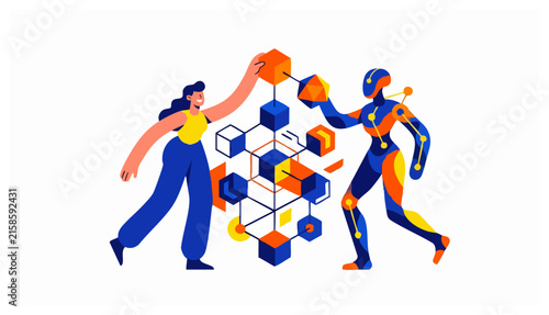 Minimalist vector illustration of a woman and a robot collaborating to build a network of connected geometric cubes