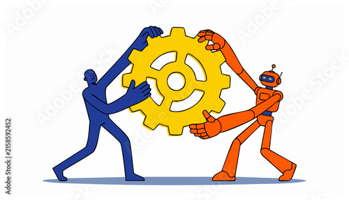 Blue human figure and orange robot rotating a large yellow cogwheel on white background