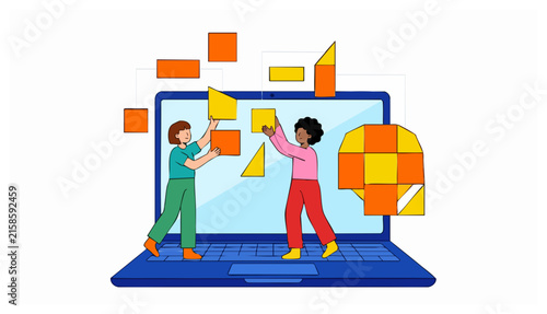 Flat design illustration of two women arranging geometric shapes on a large laptop