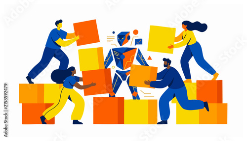 Flat design vector illustration of a diverse team collaborating with a robot to build with square blocks