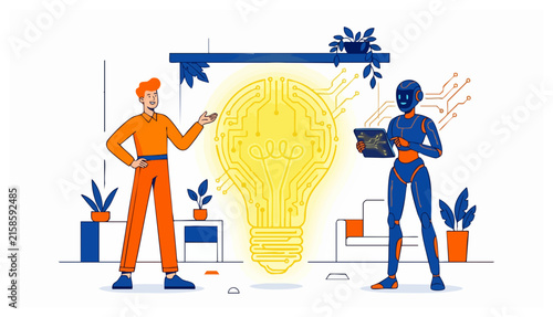 Human character and blue humanoid robot standing beside a large glowing lightbulb with circuitry patterns in a minimalist workspace illustration.