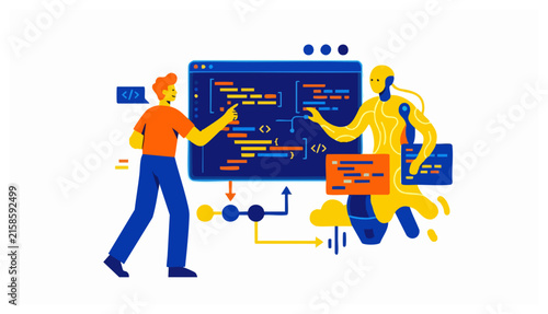 Corporate Memphis illustration of a person and robot interacting with programming code on a screen