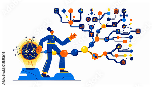 Stylized female character managing a complex data network and AI circuit icon illustration