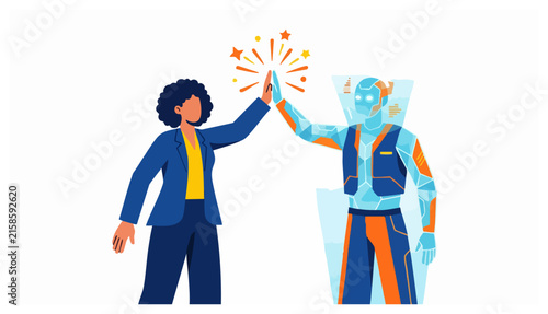 Businesswoman and humanoid robot giving a high five celebration vector illustration