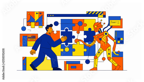 Vector illustration of a man and a robot collaborating on a jigsaw puzzle in a digital interface