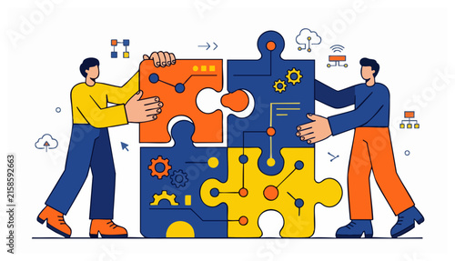Flat design illustration of two men assembling large puzzle pieces with data and gear icons