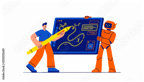 Flat vector illustration of a man using a stylus to draw on a tablet screen held by a robot