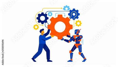 Flat design vector illustration of a human and robot collaborating on a large orange gear